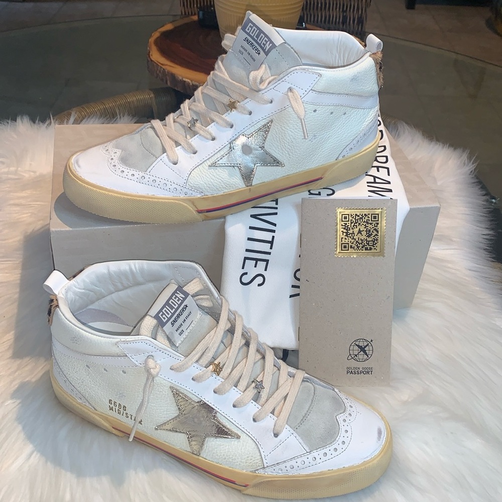 Golden Goose White Leather High-Top Sneakers with Gold Star
